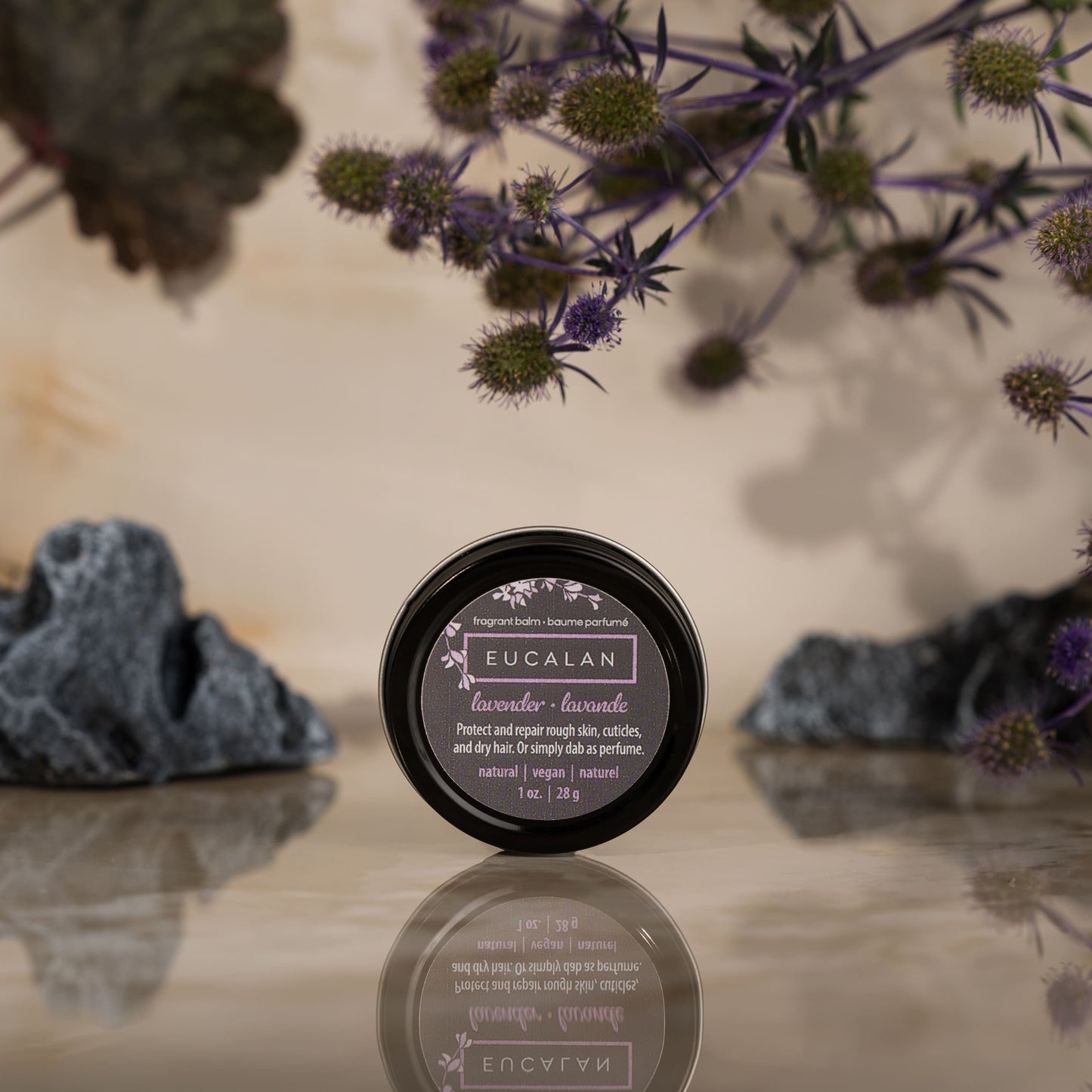 Eucalan product on a reflective surface with decorative elements